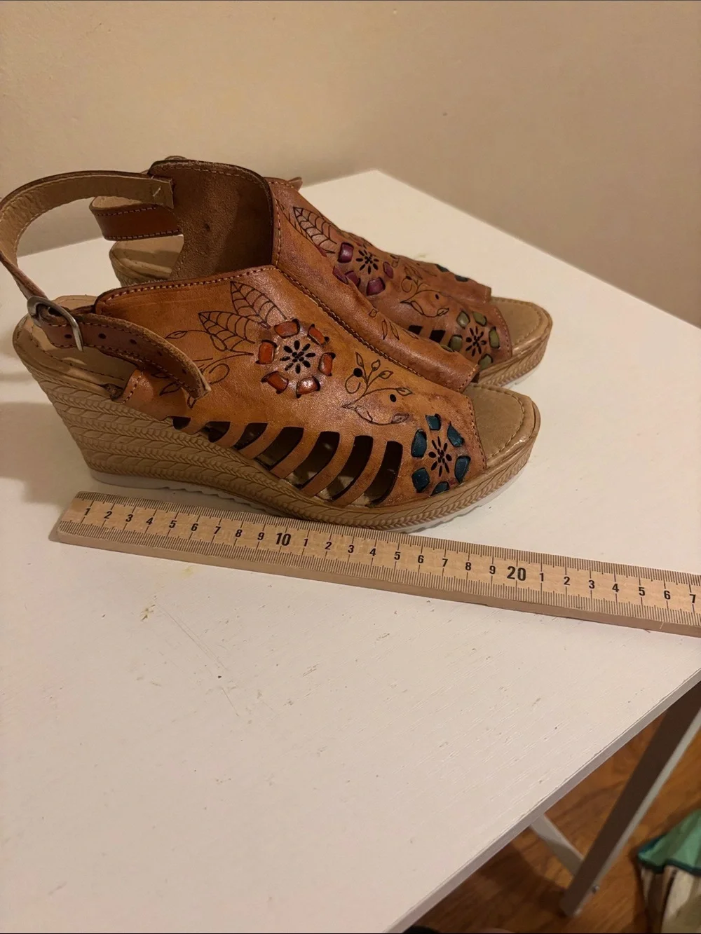 Brown Leather Floral Cutout Wedge Sandals